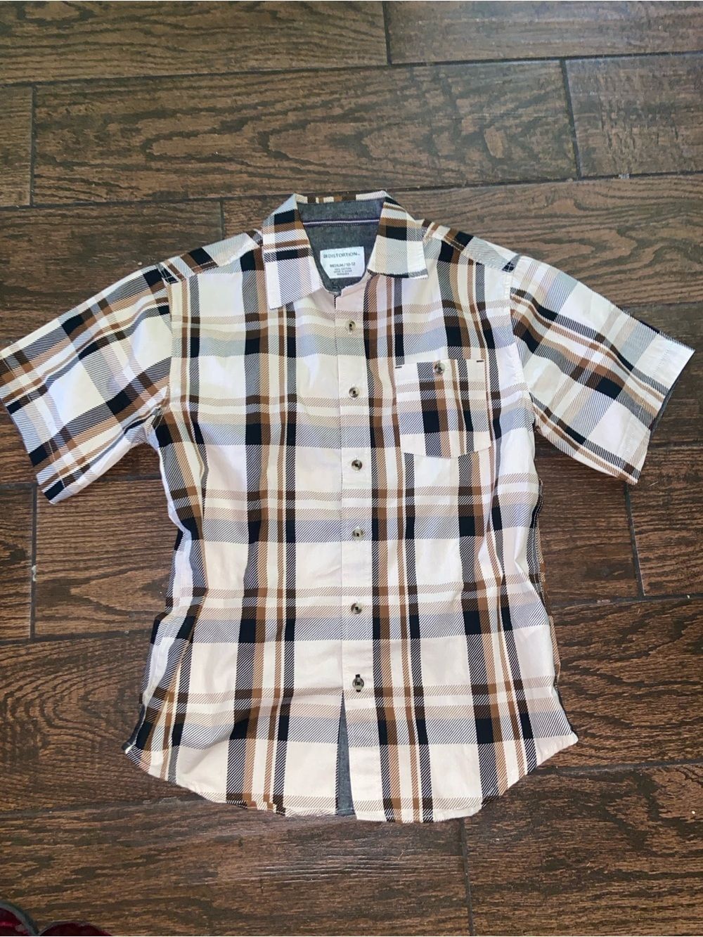 Distortion Casual Plaid Button Down Shirt - Brown and White 10/12 💯% Cotton